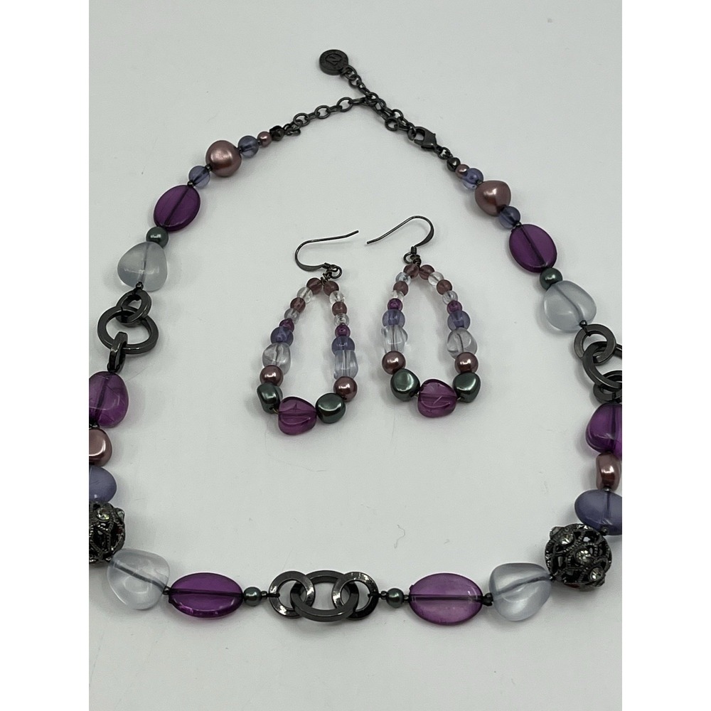 Napier Multicolored Purple Beaded Necklace And Matching Earrings